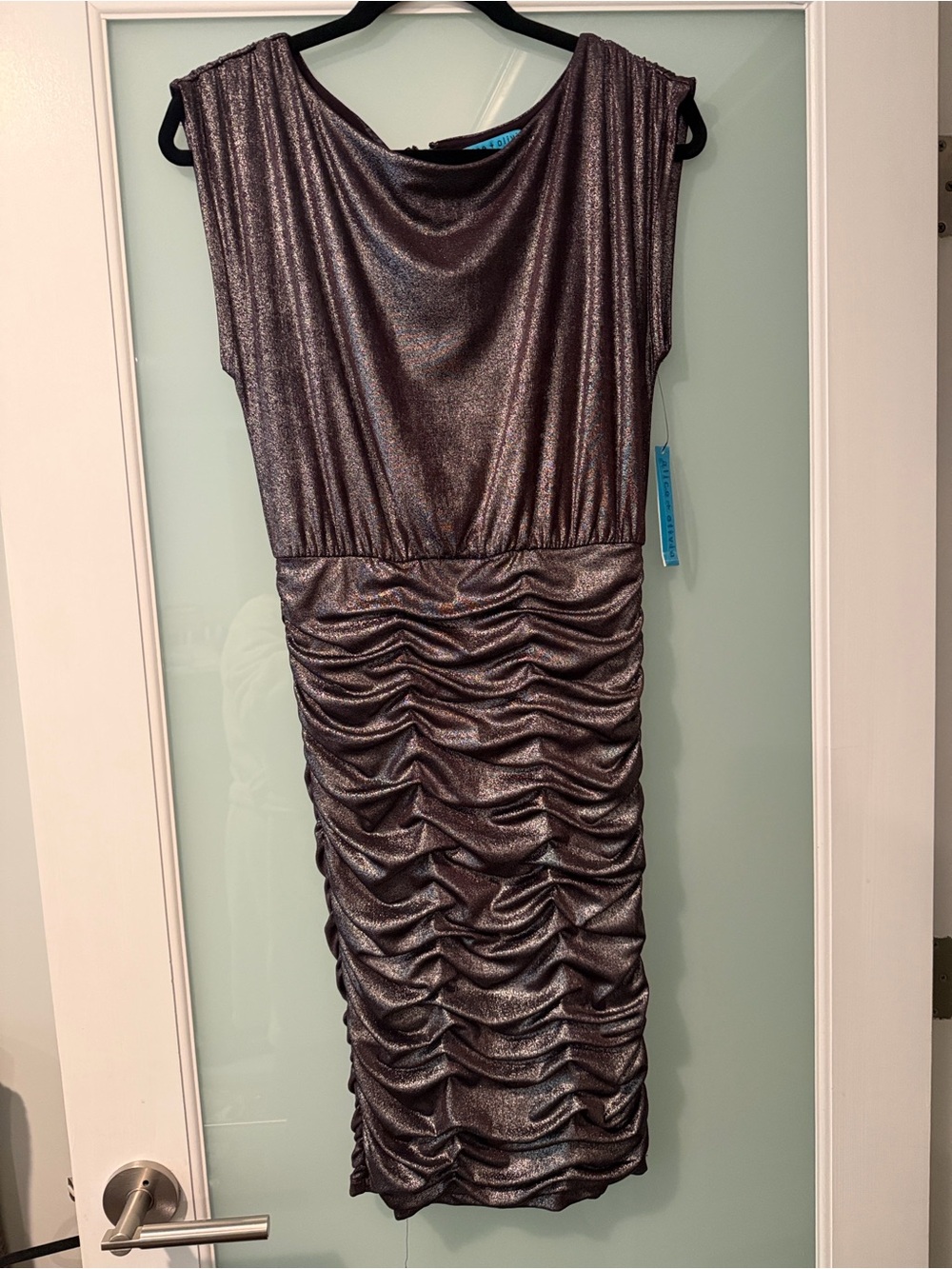 Alice + Olivia Alysha Metallic Plum Ruched Dress Size 8 NWT